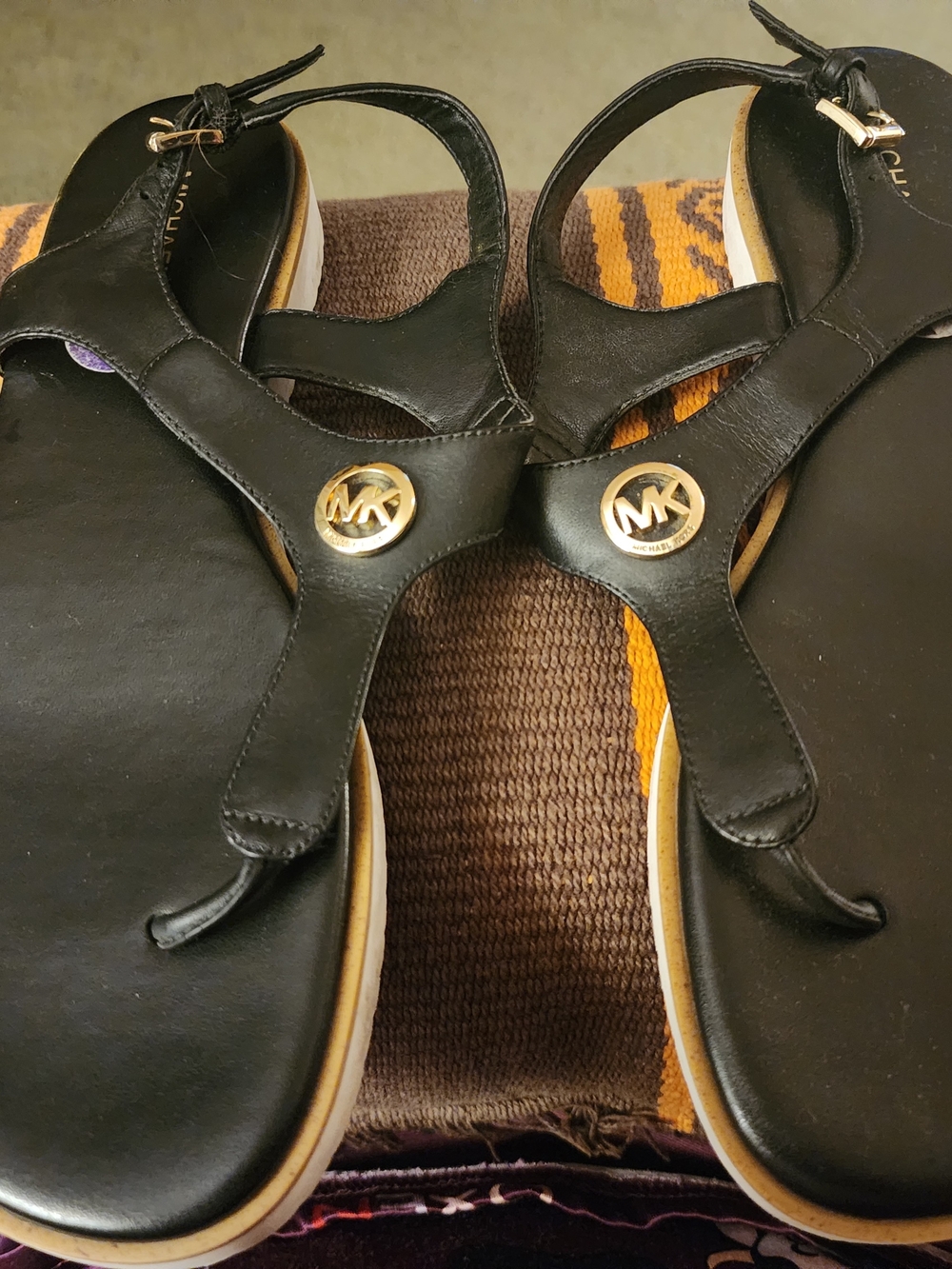 Michael Kors Black Leather Sandal with Gold MK Medallion